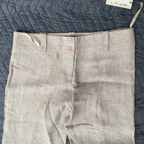 Jo Borkett Linen Wide Leg Flare Pants Tan - Picture 2 of 5